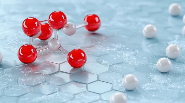 Water molecule hydrogen oxygen science chemistry molecular hexagon crystal ice frost model red sphere white sphere hexagon pattern science concept