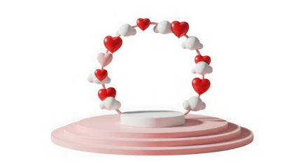 3d rendering of valentines day podium display with hearts and clouds isolated on white isolated on transparent background
