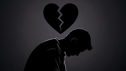 Sad Young Man Sitting with Head Down Inside Dark Room with Broken Heart Illustration