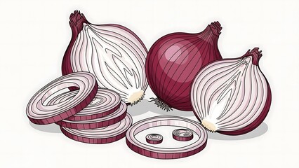 Red and White Onions with Sliced Pieces and Whole Bulbs on Light Background