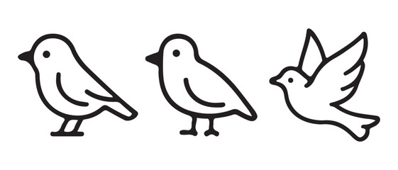 Fototapeta premium Minimalist black and white line art icons of three small birds in different poses.