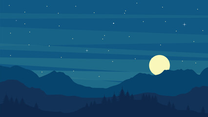 Mountain Night. Cartoon night nature landscape full moon shining in sky with stars. © Bramantt