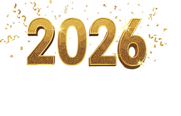  Luxurious Gold Glitter Text Vector of the Number 2026, Surrounded by Flying Confetti and Streamers, Ideal for New Year's Eve, Celebration Banners, and Holiday Graphic Design Templates