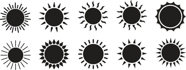 Sun Icon set. Sunshine and solar glow, sunrise or sunset. Decorative circle full and half sun and sunlight. Hot solar energy for tan. Scribble sun with rays symbols. Doodle children drawings collectio