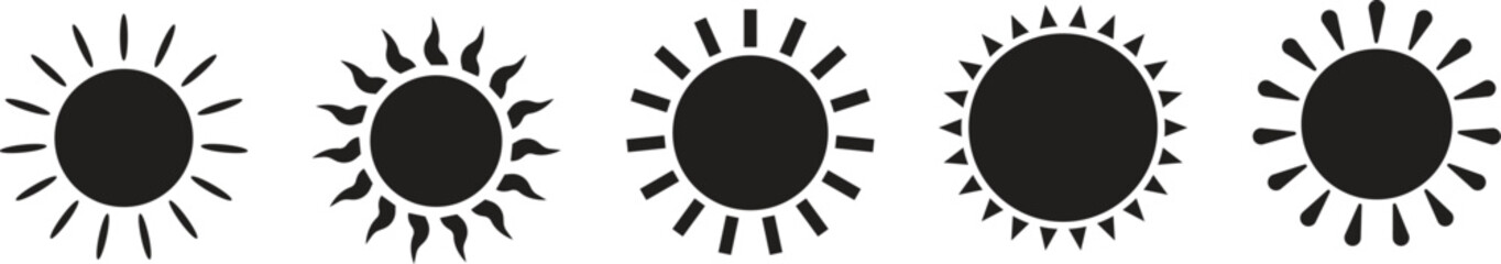 Sun Icon set. Sunshine and solar glow, sunrise or sunset. Decorative circle full and half sun and sunlight. Hot solar energy for tan. Scribble sun with rays symbols. Doodle children drawings collectio