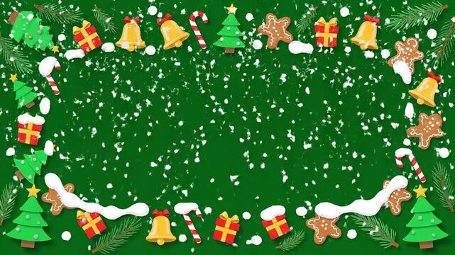 Animated christmas border frame video overlay with falling snow and holiday decorations on green screen background