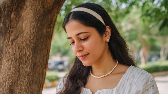 Woman wearing headscarf and necklace.