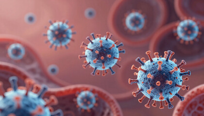 Stylized colorful virus cells floating in the bloodstream, medical illustration