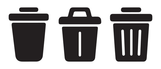 A collection of three black minimal trash can and recycle bin icons for interface design.
