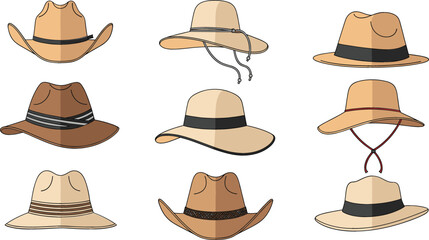  Collection of Flat Design Vector Illustrations Featuring Various Vintage and Modern Summer Sun Hats, Including Panama, Fedora, and Cowboy Styles, Perfect for Travel and Fashion Concepts
