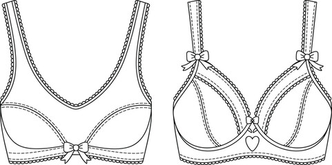 Elegant lingerie bra template with lace details, decorative bows, fashion technical sketch, intimate apparel design outline, cad drawing flat vector illustration