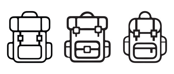 Collection of three minimalist outline backpack icons representing travel and adventure.