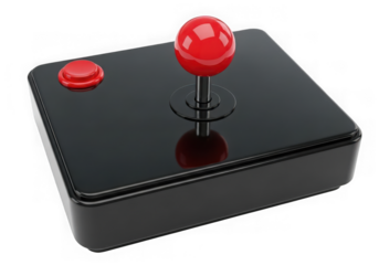 Classic black arcade joystick controller with red ball top isolated on transparent background