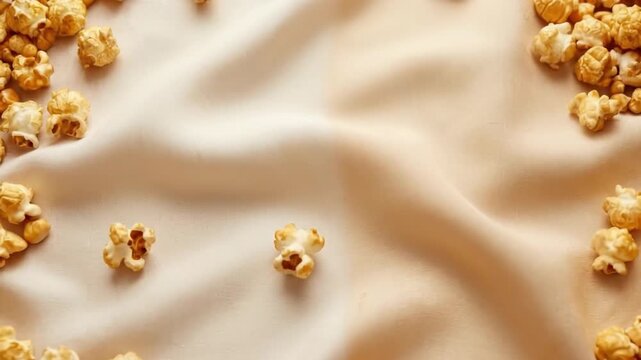 This visually appealing video features a delightful scattering of freshly popped popcorn kernels gracefully resting on a luxurious, soft beige fabric. The creamy white and golden kernels are artfully 