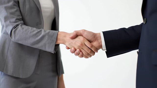 Business People Close Up Shaking Hands Gray Jacket and Dark Blue Suit White Background