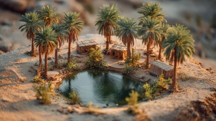 Fototapeta premium Serene Oasis with Palm Trees and Rustic Huts in Desert Landscape