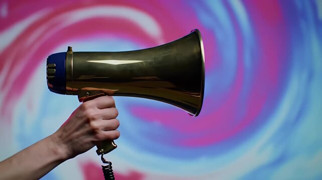 Hand Holding Golden Megaphone Against Swirling Colorful Background Announcement