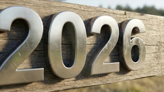 This visually striking video features the year "2026" prominently displayed in gleaming, textured metallic numbers, securely affixed to a rustic, weathered wooden plank. The composition artfully contr