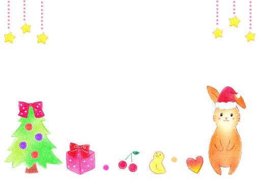 フレーム素材 クリスマス 可愛いうさぎの手描きイラスト 女の子 リボン 赤ちゃん 子供向け パステル 色鉛筆　Frame material Christmas Cute Bunny Hand-Drawn Illustration Girl Ribbon Baby Child Pastel Colored Pencils