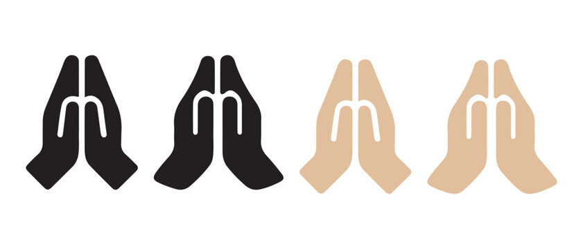 Praying hands icon set. with diverse skin tones symbolizing spirituality and gratitude.