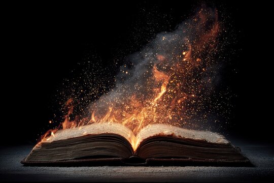 An ancient, open book lies on a dark, textured surface, its weathered pages glowing with an intense, fiery energy. Brilliant sparks and tendrils of smoke erupt from the center, casting a dramatic ligh