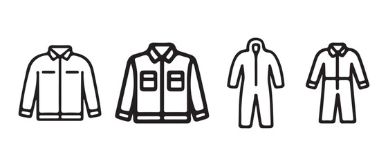 Outline icons of various protective and workwear clothing items for safety and industry.