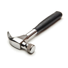 A metal claw hammer with a black handle on a white background