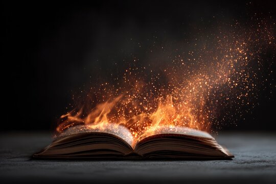 An ancient, open book rests on a textured dark surface, its worn pages emanating a spectacular display of fiery light and brilliant golden sparks that rise into the darkness. This captivating image co