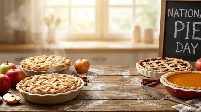 Warm, freshly baked apple, berry, and pumpkin pies, steaming on a rustic wooden table. Decorated with fresh apples, cinnamon, and flour, this evokes homemade comfort and culinary delight, ideal for ho