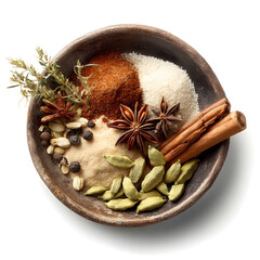 Aromatic spices and herbs arranged in a rustic bowl