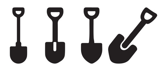 Shovel and spade tool icons set in black silhouette for gardening and construction design.