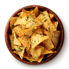 Crispy baked tortilla chips seasoned with herbs in a bowl