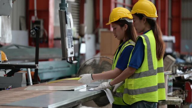 Two Asian female factory workers measuring metal sheet with tape measure. Team of engineers checking dimensions and recording quality control data in industrial manufacturing plant.