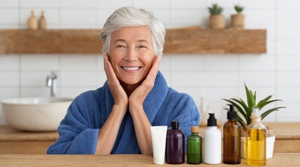 Woman in bathroom with skincare products.