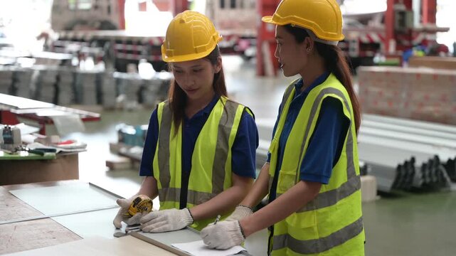 Two Asian female factory workers measuring metal sheet with tape measure. Team of engineers checking dimensions and recording quality control data in industrial manufacturing plant.