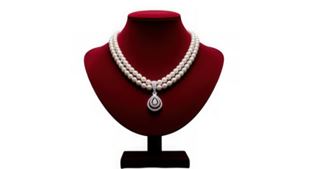 Elegant double strand pearl necklace with diamond pendant on red mannequin isolated on white isolated on transparent background