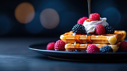 Delicious Waffles Topped with Fresh Berries and Drizzled with Maple Syrup