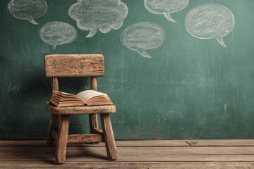 An evocative and commercially appealing composition features an open book resting on a distressed, rustic wooden chair, set against a rich, dark green chalkboard background. Overhead, multiple chalk-d