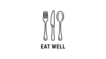 Simple line art illustration of fork knife and spoon with Eat Well text representing healthy eating and dining isolated on white background