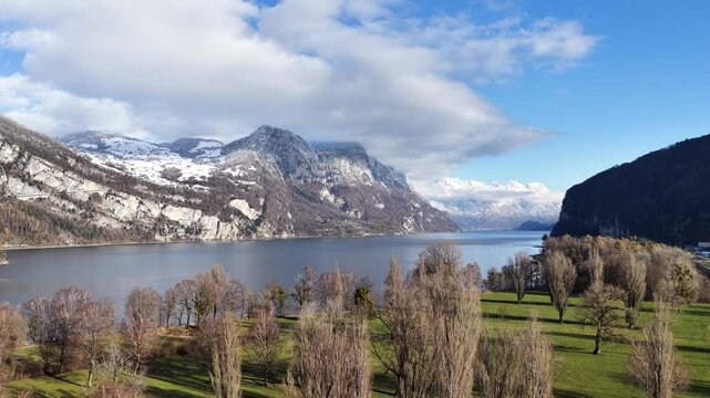 aerial view of walensee and surrounding alpine scenery in switzerland