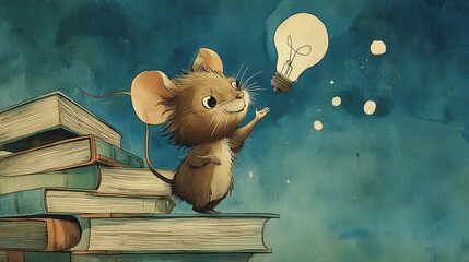 serene mindful living - Charming Mouse Reaching for Light Bulb on Books in Whimsical Illustration - artistic nature balance artwork