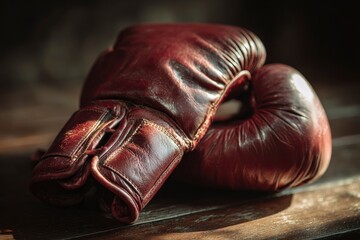 A pair of classic, richly textured dark red boxing gloves rests on a dark, polished wooden surface, illuminated by a dramatic play of light and shadow. The worn leather and visible stitching suggest a
