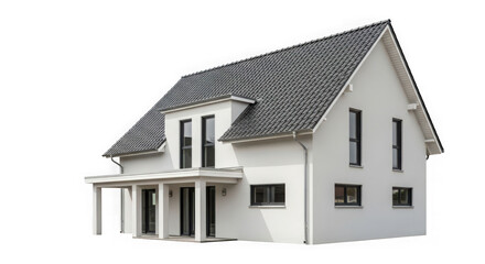 Modern white twostory house with dark roof, isolated on transparent background
