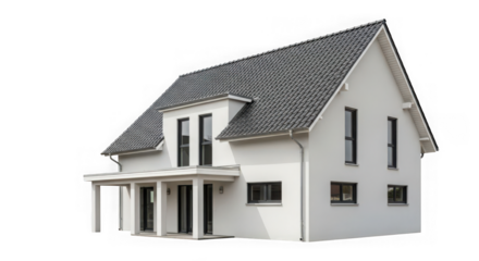 Modern white twostory house with dark roof, isolated on transparent background