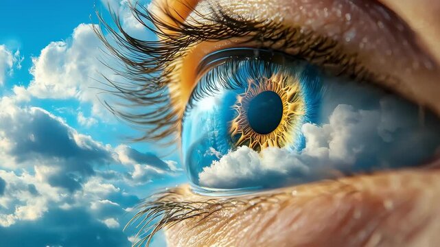 Surreal eye reflection blue iris golden pupil sky cloudscape macro human eye dreamy vision fantasy art vivid color hyperreal detail wonder long