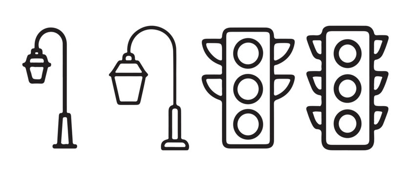 A collection of street light and traffic signal outline icons for urban design.