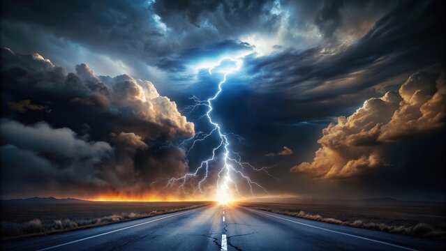 A massive electrical discharge illuminates a desolate stretch of asphalt as turbulent skies unleash their fury