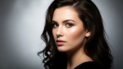 Naklejka premium Beautiful Young Woman with Dark Wavy Hair and Natural Makeup Portrait in Studio Lighting