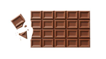 Whole milk chocolate bar with broken pieces isolated on white background perfect for food advertising and confectionery branding