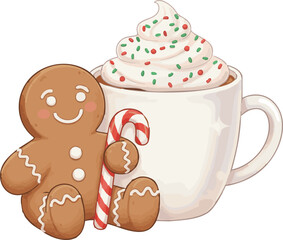 Gingerbread Man with Candy Cane and Hot Chocolate Christmas Night 